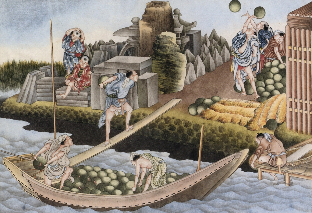 「西瓜の陸あげ」 葛飾北斎 （1826年頃） | 秘蔵浮世絵大観 8 パリ国立図書館より