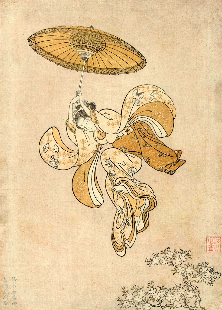 「清水の舞台より飛ぶ美人 （絵暦）」 鈴木春信 （1765年） | 2