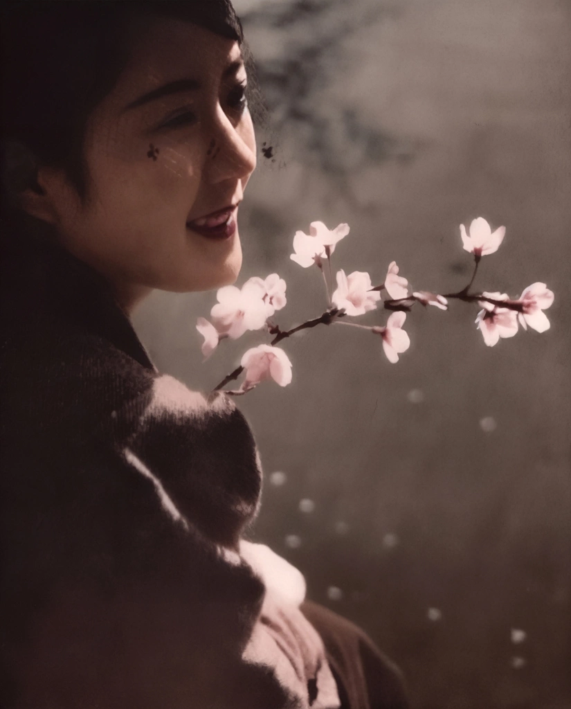 「無題（桜の花と若い日本人女性）」 尾崎三吉 （1938年以前） | AIカラー化
